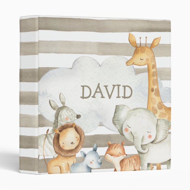 Classeur Aquarelle Safari Jungle Animaux Nom personnalisé (Devant/Côté)