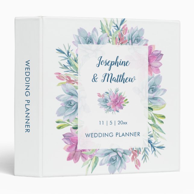 Classeur Aquarelle Succulents Wedding planner personnalisé (Devant/Côté)