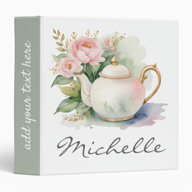 Classeur Aquarelle tendance Pot de thé floral (Devant/Côté)