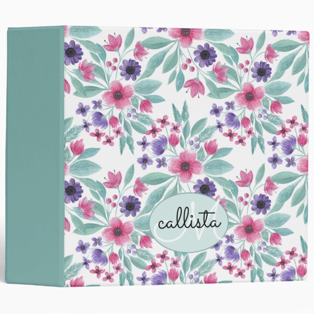 Classeur Aquarelle Turquoise rose Fille Monogramme Floral (Devant/Côté)