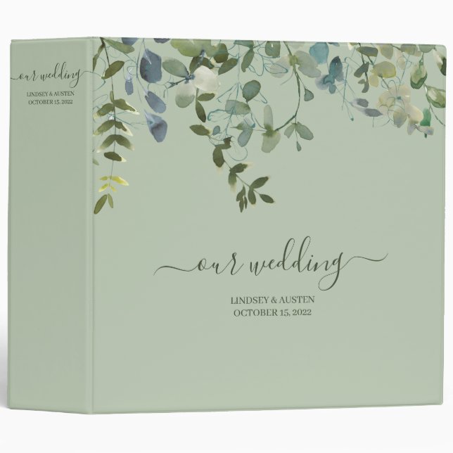 Classeur Aquarelle verte Calligraphie Wedding planner 3 (Devant/Côté)