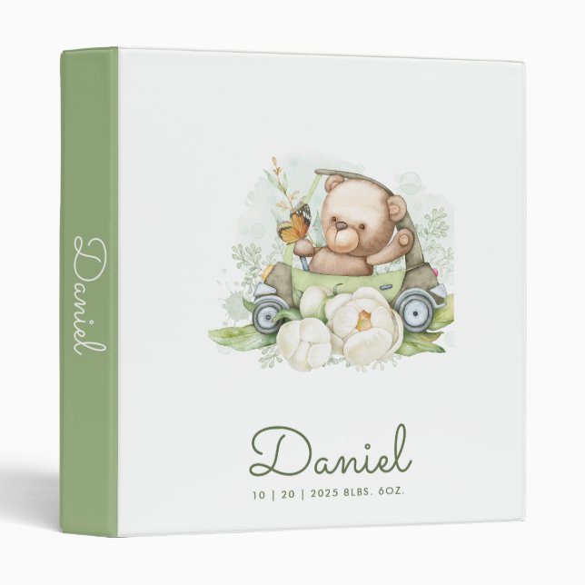 Classeur Aquarelle verte Ours en peluche Personnalisé Baby  (Devant/Côté)