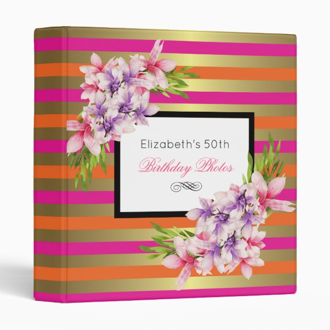 Classeur Aquarelle violette et rose Magnolia Anniversaire (Devant/Côté)