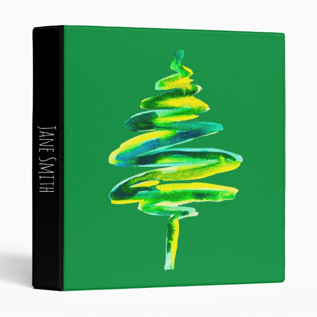 Classeur Arbre de Noël vert aquarelle abstraite (Devant/Côté)