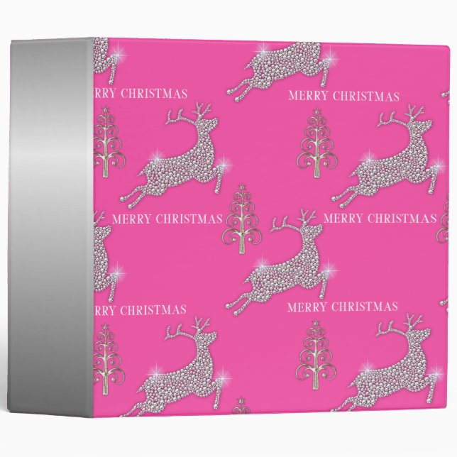 Classeur Arbres d'argent et rennes de diamant Noël rose (Devant/Côté)