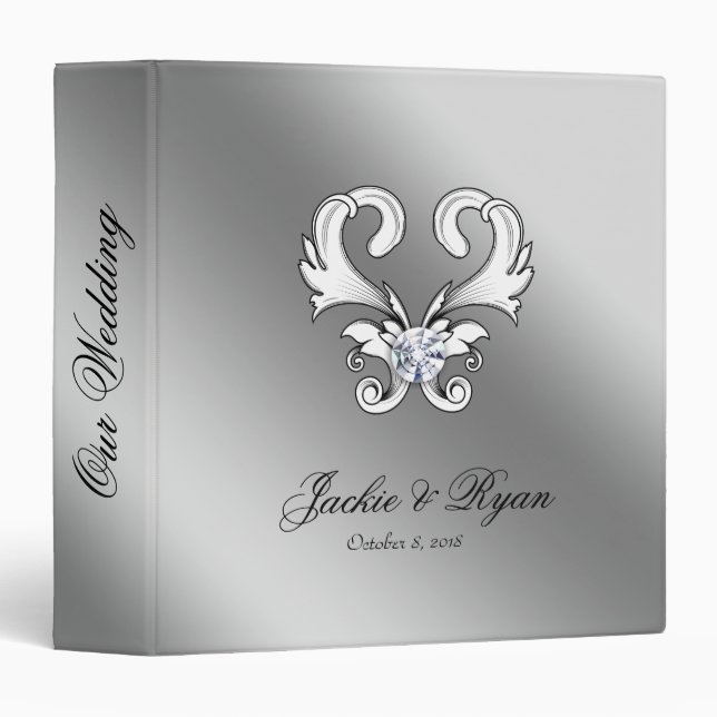 Classeur Argent vintage d'album photos de mariage de coeur (Devant/Côté)