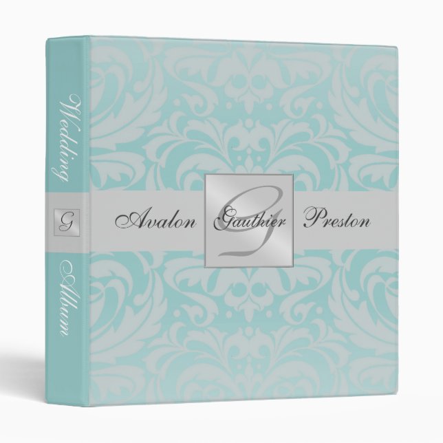 Classeur argenté et turquoise d'album de mariage (Devant/Côté)