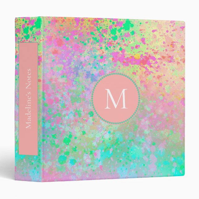 Classeur Artsy Pastel Peinture Plaques Pink Green Monogramm (Devant/Côté)