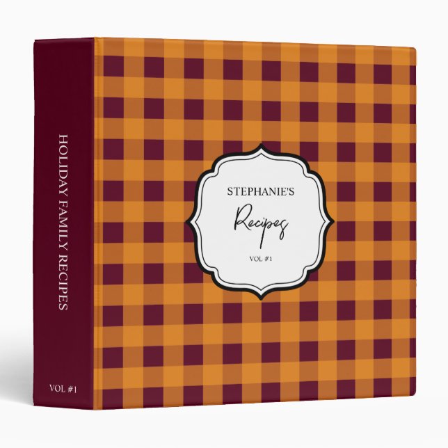 Classeur Automne Orange Bourgogne Plaid Motif Recette (Devant/Côté)