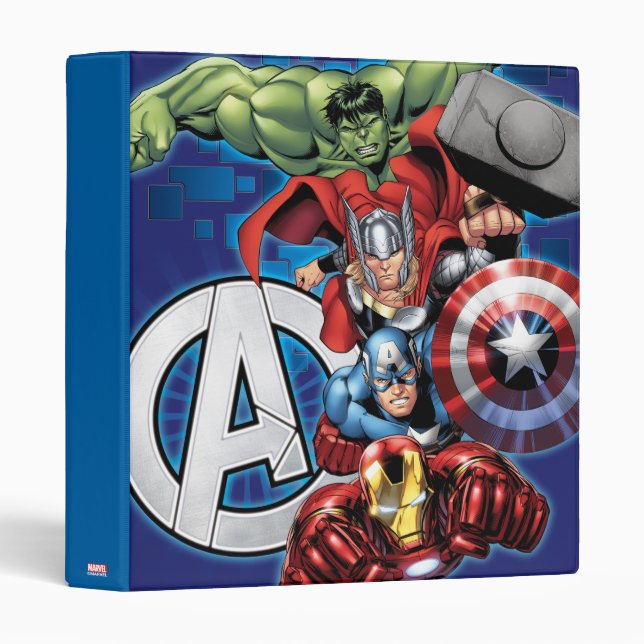 Classeur Avengers | Groupe Empilé Haute Technologie et Logo (Devant/Côté)