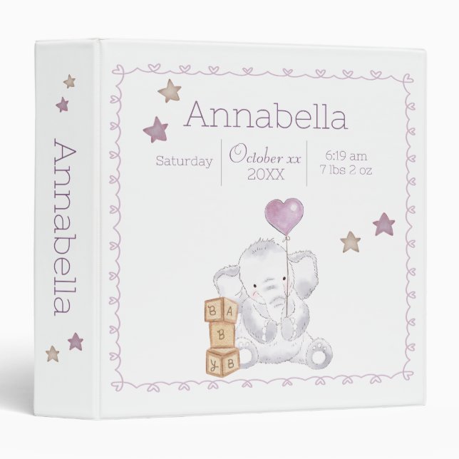 Classeur Baby Girl Elephant Personnalisé Nom et Détails de  (Devant/Côté)