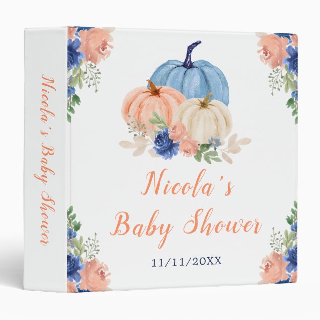 Classeur Baby shower Citrouille bleu et bleu marine (Devant/Côté)