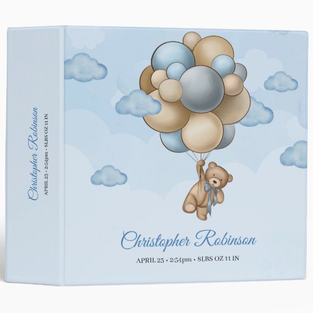 Classeur Baby shower de ballons beige bleu brun ours en ted (Devant/Côté)