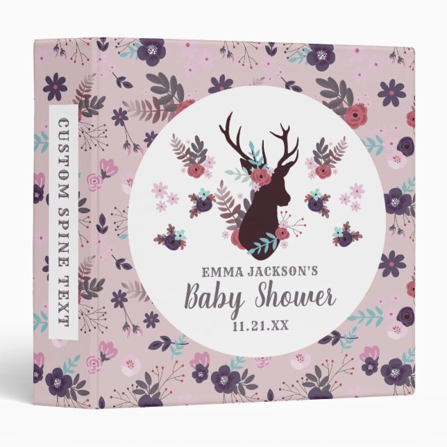 Classeur Baby shower floral de la tête de cerf rustique Mau (Devant/Côté)