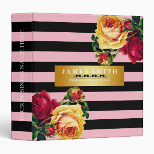 Classeur Badge vintage Floral Noir & Rose rayé