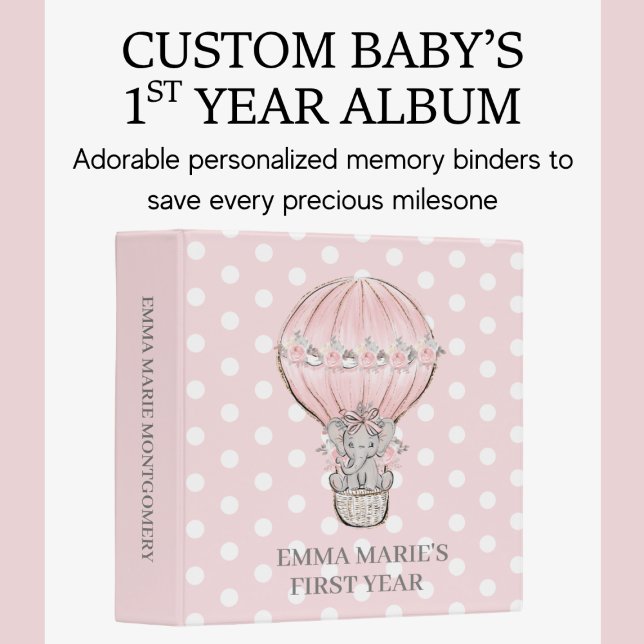 Classeur Ballon à Air Chaud de Princesse Éléphant 1ère Anné (Pink elephant and balloon baby's 1st year memory binder)