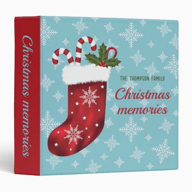 Classeur Bas de Noël rouge sur bleu avec texte personnalisé (Devant/Côté)