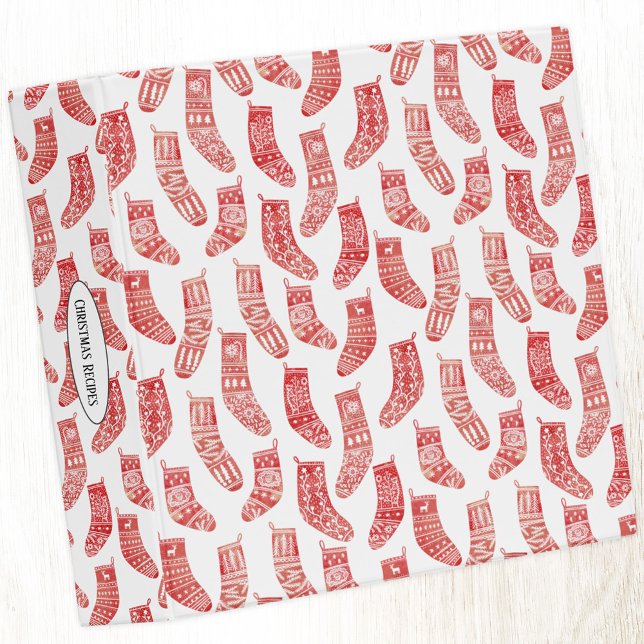 Classeur Bas Nordiques Rouges et Blancs (Nordic stockings pattern red and white Christmas 3 ring binder with custom text on spine)