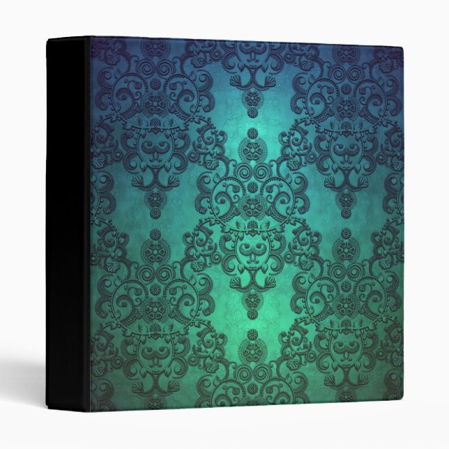 Classeur Beau bleu turquoise bleu vert Damask (Devant/Côté)