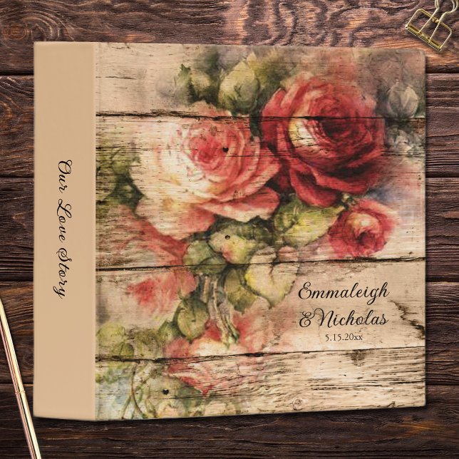 Classeur Beaux Roses peints sur Mariage en bois rustique (Créateur téléchargé)