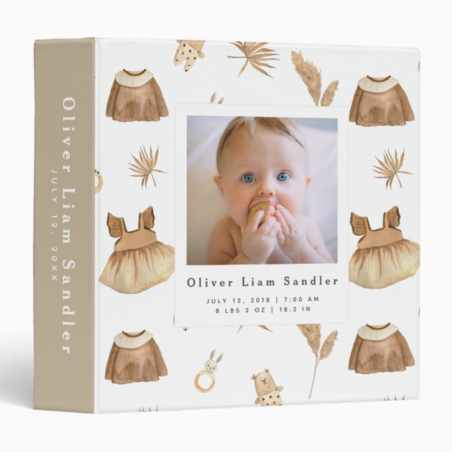Classeur Bébé 1ère année Photo Album Boho Vêtements bébé (Devant/Côté)