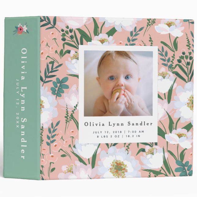 Classeur Bébé 1ère année Photo Album Élégant motif floral (Devant/Côté)