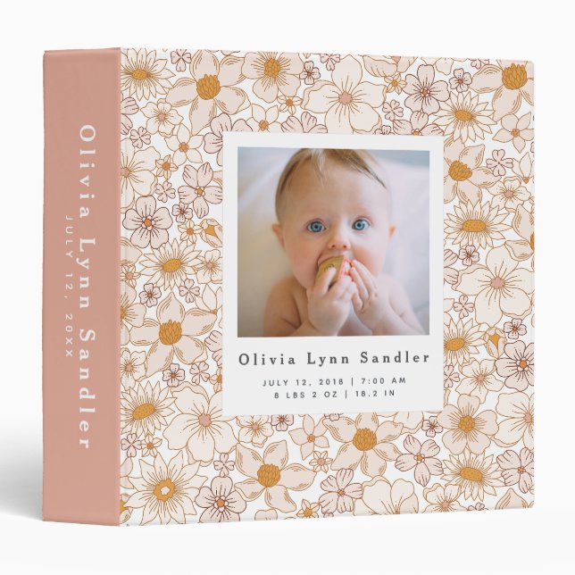 Classeur Bébé 1ère année Photo Album Retro Floral (Devant/Côté)