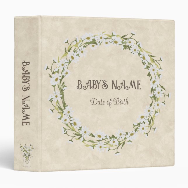 Classeur Bébé blanc floral Album photo personnalisable (Devant/Côté)
