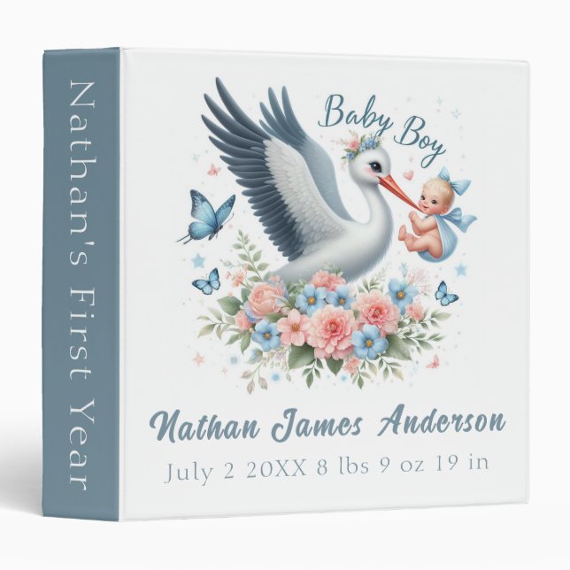 Classeur Bébé garçon avec cigogne, fleurs et papillons (Devant/Côté)