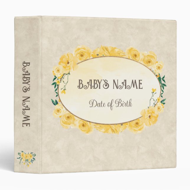 Classeur Bébé jaune floral Album photo personnalisable (Devant/Côté)