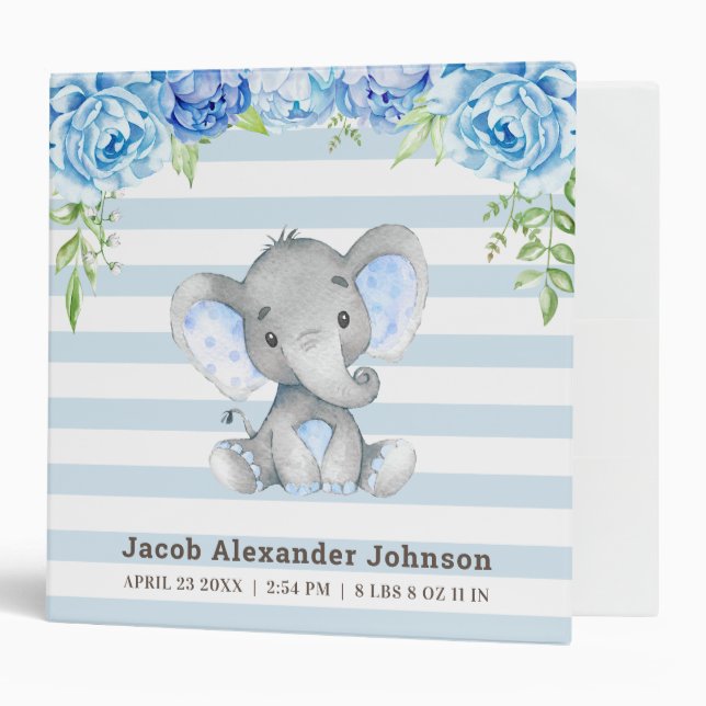 Classeur Bébé personnalisé Garçon nouveau-né Blue Elephant  (Devant/intérieur)