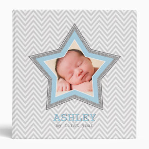 Classeur BÉBÉ PHOTO gris chevron motif étoile cadre bleu