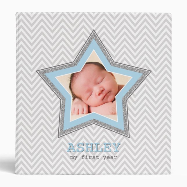 Classeur BÉBÉ PHOTO gris chevron motif étoile cadre bleu (Devant)