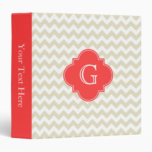 Classeur Beige Blanc Chevron Coral Rouge Quatrefoil Monogra (Devant/Côté)