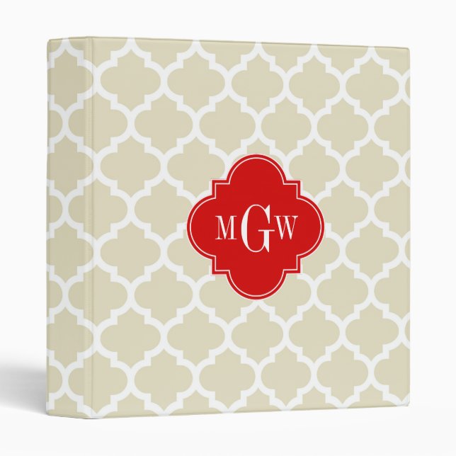 Classeur Beige, White Moroccan #5 Red 3 Initial Monogram (Devant/Côté)