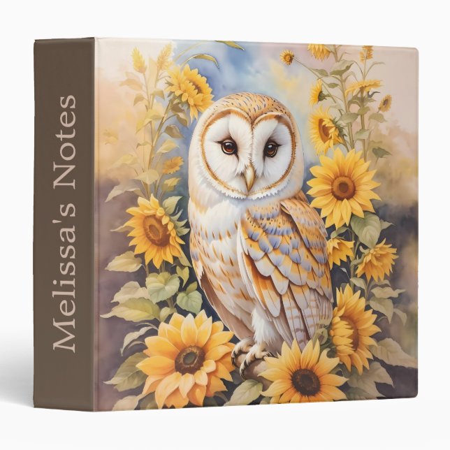 Classeur Belle Chouette Et Fleurs De Soleil (Devant/Côté)