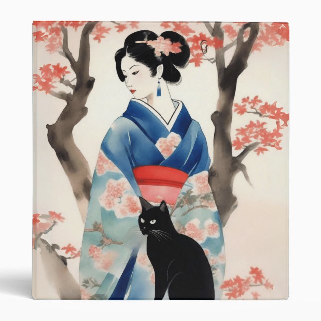 Classeur Belle fille japonaise avec un chat noir (Devant)