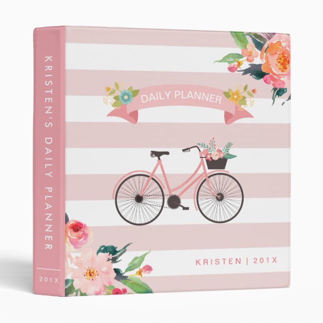 Classeur Bicyclette Floral Pink Stripes Planificateur quoti (Devant/Côté)