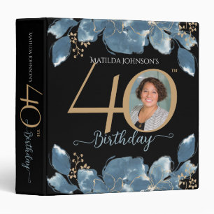 Classeur Black 40th Birthday Gold Blue Floral Photo personn