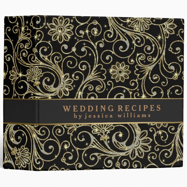 Classeur Black Faux Diamants & Or Imprimer Floral Damas (Devant/Côté)
