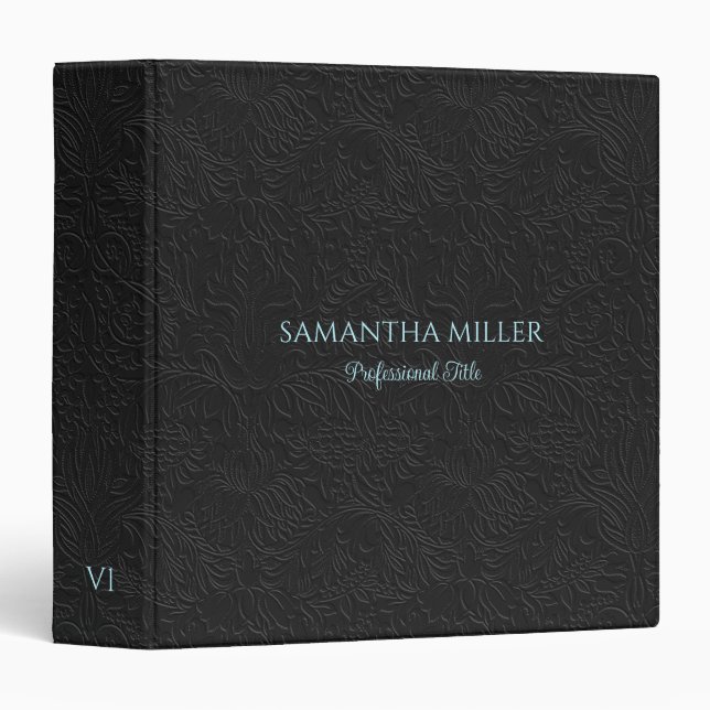 Classeur Black Floral Pattern Embossed Look Blue Typography (Devant/Côté)