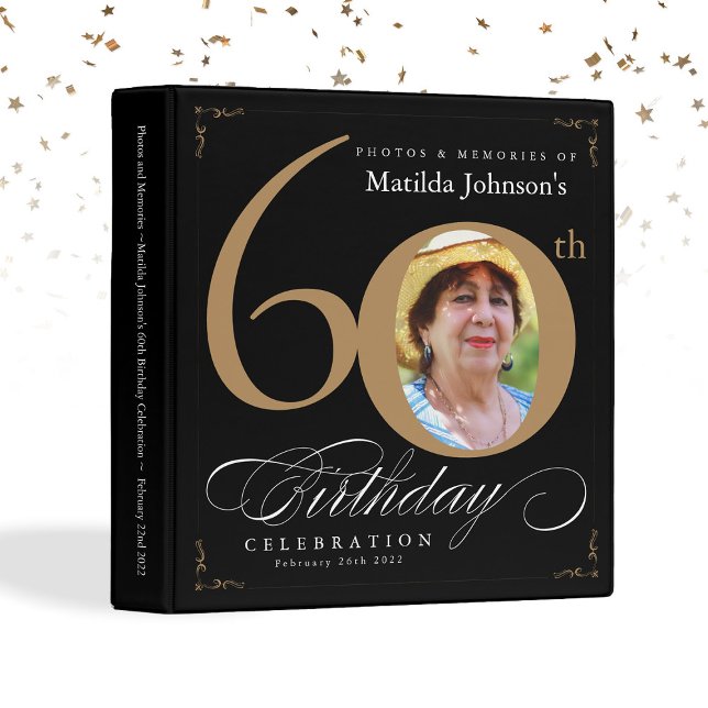 Classeur Black Gold Calligraphie 60e anniversaire Elegant P (Black Gold Calligraphy 60th Birthday Elegant Photo 3 Ring Binder)