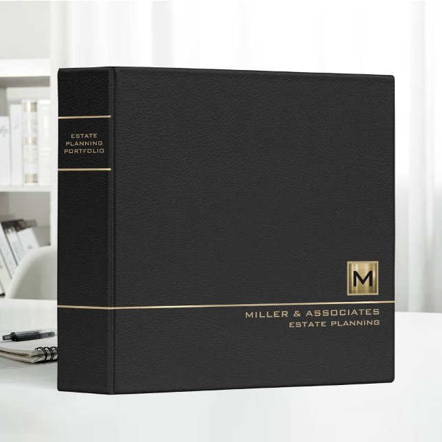 Classeur Black Leather Gold Logo Monogram Estate Planning (Créateur téléchargé)