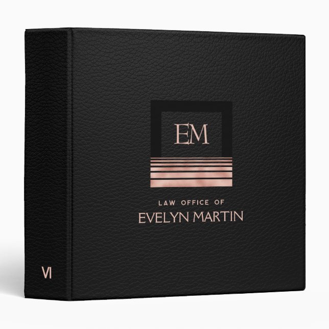 Classeur Black Leather Law Office with Rose Gold Monogram (Devant/Côté)