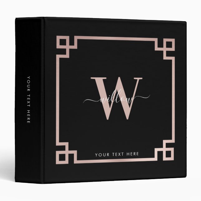 Classeur BLack & Rose Gold Rose Clé grecque Monogrammé (Devant/Côté)