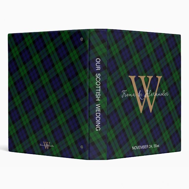 Classeur Black Watch Scottish Tartan Gold Monogram Mariage (Arrière-plan)