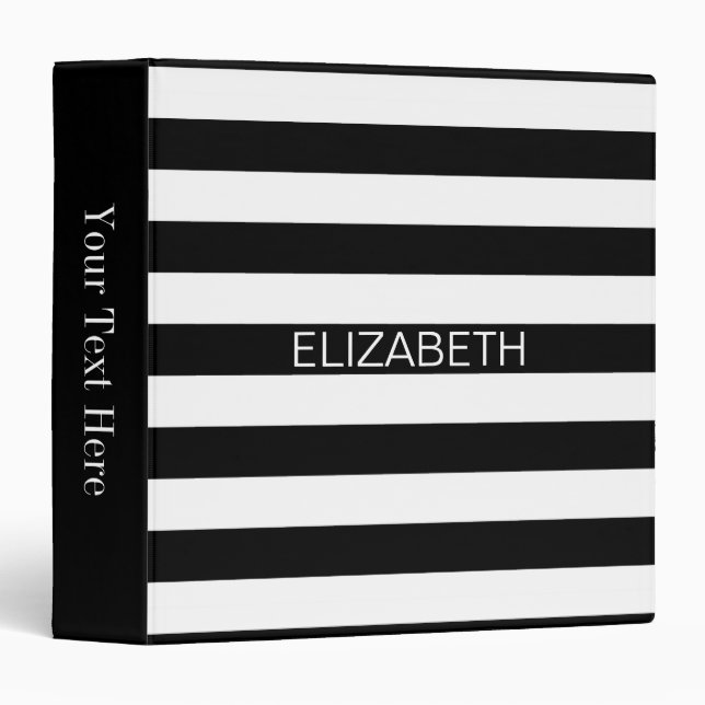 Classeur Black White Horizontal Preppy Stripe Nom monogram (Devant/Côté)