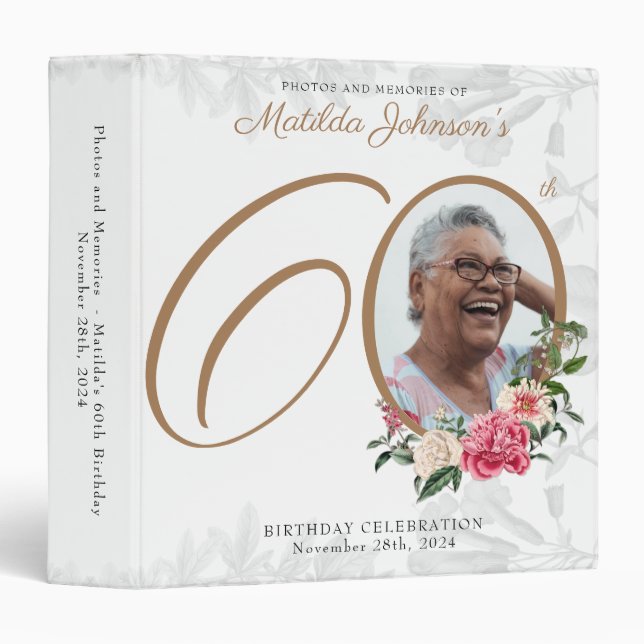 Classeur Blanc 60e anniversaire Gold Chic Floral Photo pers (Devant/Côté)
