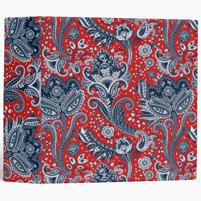 Classeur Blanc rouge et bleu Floral Paisley Bohemian Boho (Devant/Côté)
