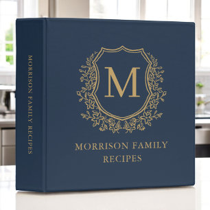 Classeur Bleu de Marine Or Crête Florale Monogramme Recette